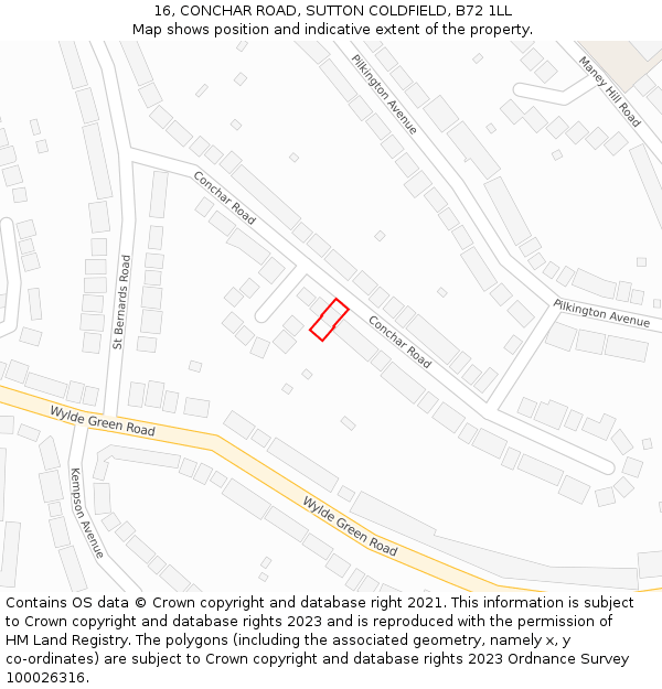 16, CONCHAR ROAD, SUTTON COLDFIELD, B72 1LL: Location map and indicative extent of plot