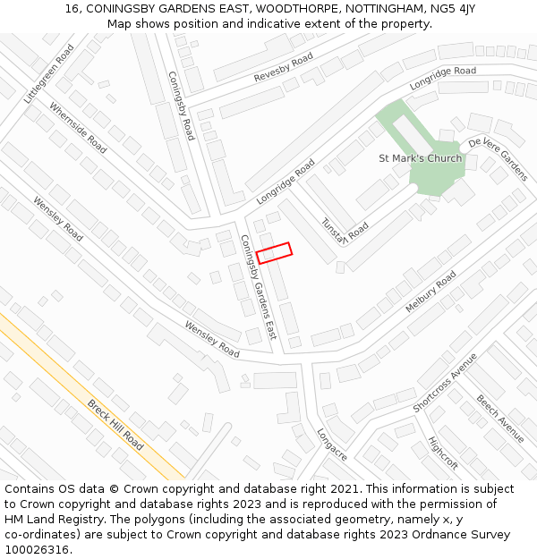 16, CONINGSBY GARDENS EAST, WOODTHORPE, NOTTINGHAM, NG5 4JY: Location map and indicative extent of plot