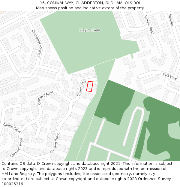 16, CONIVAL WAY, CHADDERTON, OLDHAM, OL9 0QL: Location map and indicative extent of plot