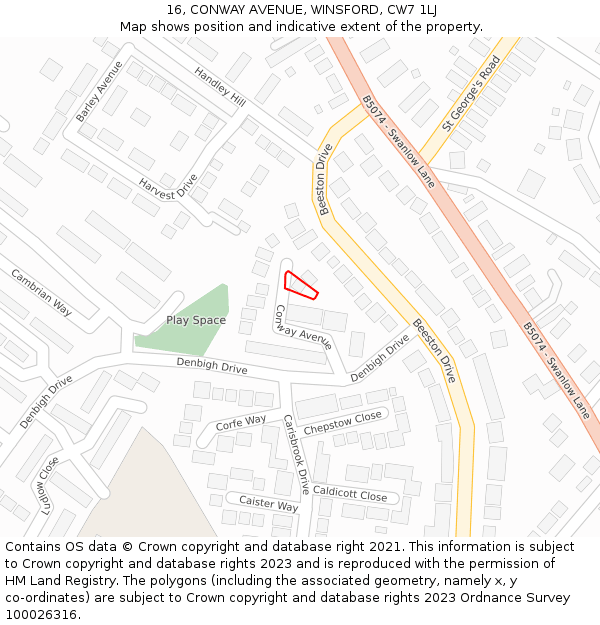 16, CONWAY AVENUE, WINSFORD, CW7 1LJ: Location map and indicative extent of plot