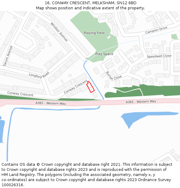 16, CONWAY CRESCENT, MELKSHAM, SN12 6BD: Location map and indicative extent of plot