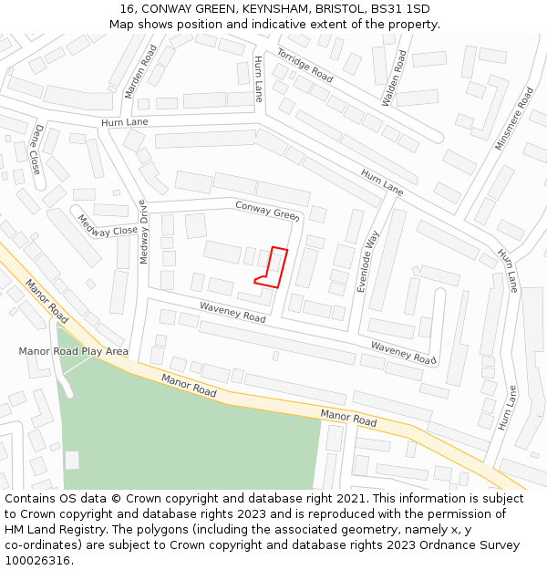 16, CONWAY GREEN, KEYNSHAM, BRISTOL, BS31 1SD: Location map and indicative extent of plot