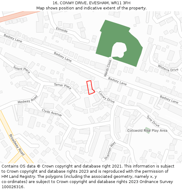 16, CONWY DRIVE, EVESHAM, WR11 3FH: Location map and indicative extent of plot