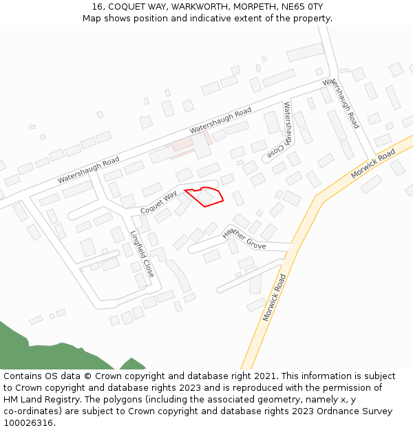 16, COQUET WAY, WARKWORTH, MORPETH, NE65 0TY: Location map and indicative extent of plot