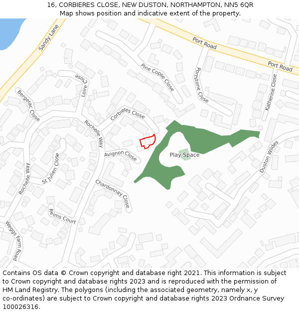 16, CORBIERES CLOSE, NEW DUSTON, NORTHAMPTON, NN5 6QR: Location map and indicative extent of plot