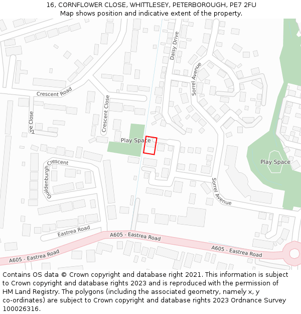 16, CORNFLOWER CLOSE, WHITTLESEY, PETERBOROUGH, PE7 2FU: Location map and indicative extent of plot