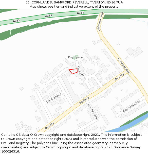 16, CORNLANDS, SAMPFORD PEVERELL, TIVERTON, EX16 7UA: Location map and indicative extent of plot