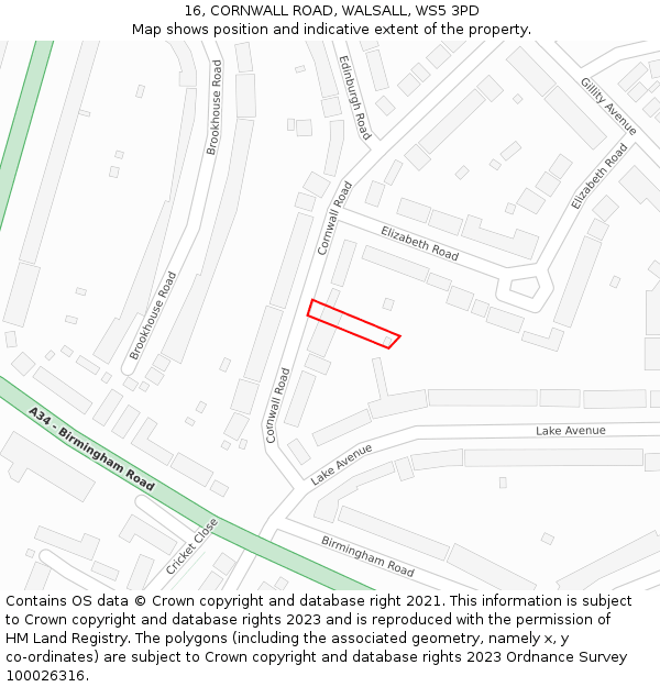 16, CORNWALL ROAD, WALSALL, WS5 3PD: Location map and indicative extent of plot
