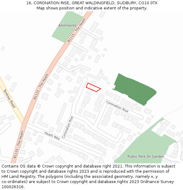 16, CORONATION RISE, GREAT WALDINGFIELD, SUDBURY, CO10 0TX: Location map and indicative extent of plot
