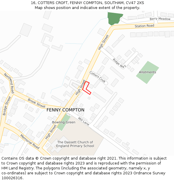 16, COTTERS CROFT, FENNY COMPTON, SOUTHAM, CV47 2XS: Location map and indicative extent of plot