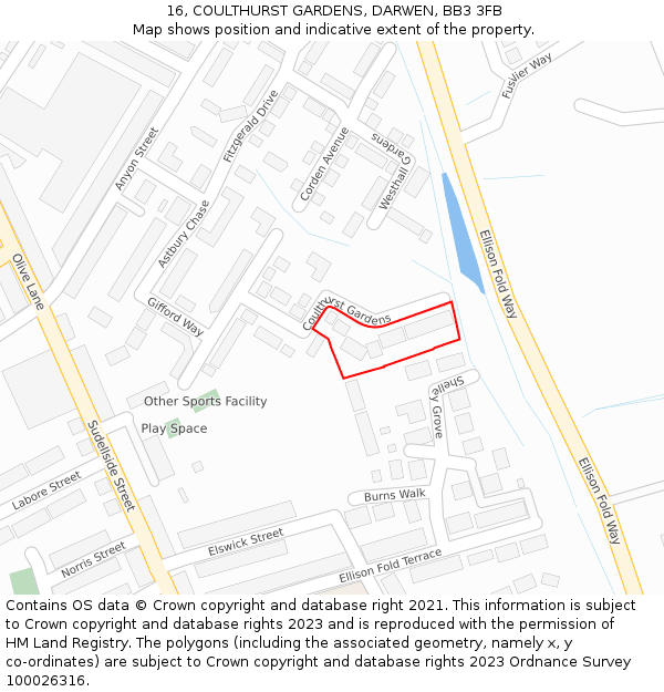 16, COULTHURST GARDENS, DARWEN, BB3 3FB: Location map and indicative extent of plot