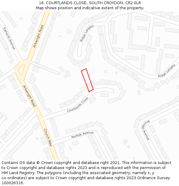 16, COURTLANDS CLOSE, SOUTH CROYDON, CR2 0LR: Location map and indicative extent of plot