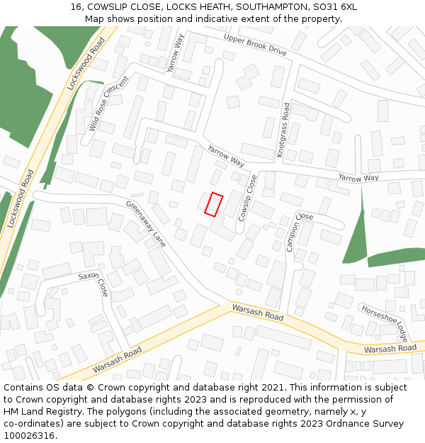 16, COWSLIP CLOSE, LOCKS HEATH, SOUTHAMPTON, SO31 6XL: Location map and indicative extent of plot