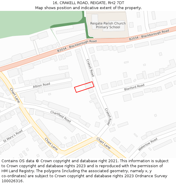 16, CRAKELL ROAD, REIGATE, RH2 7DT: Location map and indicative extent of plot