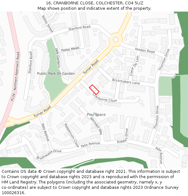 16, CRANBORNE CLOSE, COLCHESTER, CO4 5UZ: Location map and indicative extent of plot