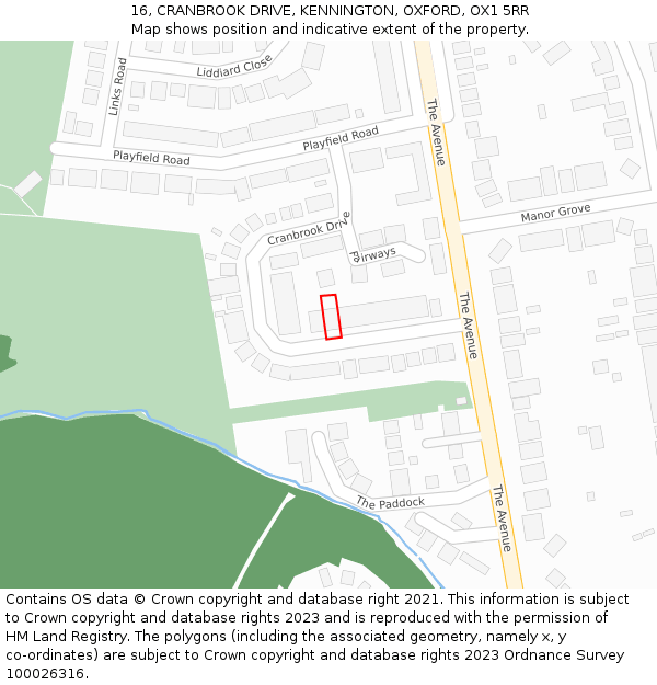 16, CRANBROOK DRIVE, KENNINGTON, OXFORD, OX1 5RR: Location map and indicative extent of plot