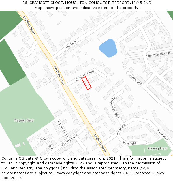 16, CRANCOTT CLOSE, HOUGHTON CONQUEST, BEDFORD, MK45 3ND: Location map and indicative extent of plot