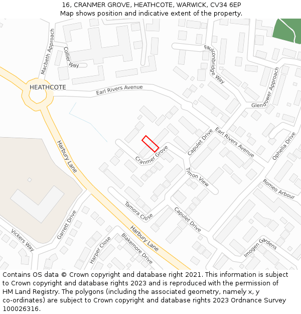 16, CRANMER GROVE, HEATHCOTE, WARWICK, CV34 6EP: Location map and indicative extent of plot