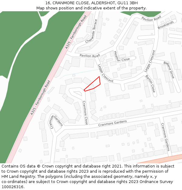 16, CRANMORE CLOSE, ALDERSHOT, GU11 3BH: Location map and indicative extent of plot