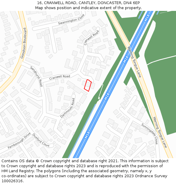 16, CRANWELL ROAD, CANTLEY, DONCASTER, DN4 6EP: Location map and indicative extent of plot