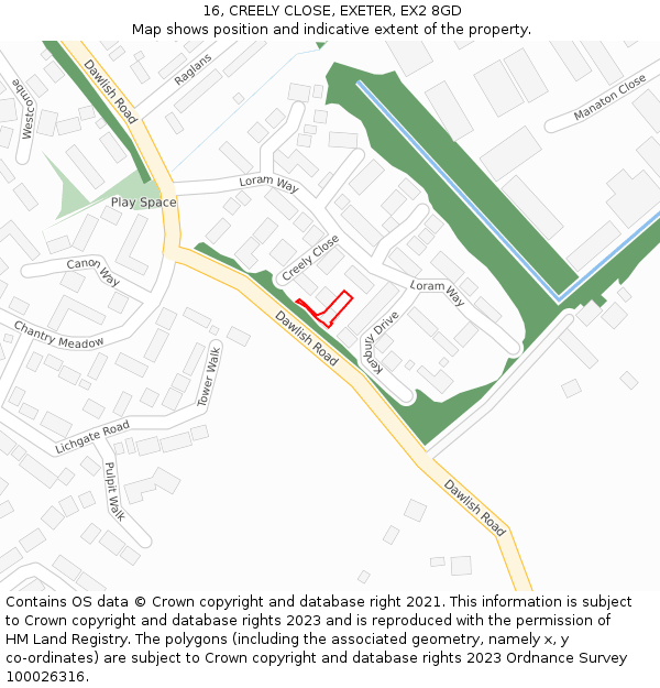 16, CREELY CLOSE, EXETER, EX2 8GD: Location map and indicative extent of plot