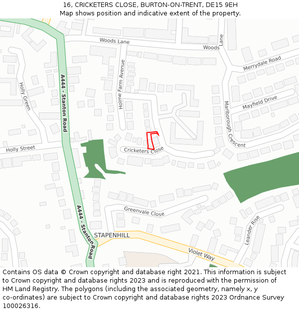 16, CRICKETERS CLOSE, BURTON-ON-TRENT, DE15 9EH: Location map and indicative extent of plot