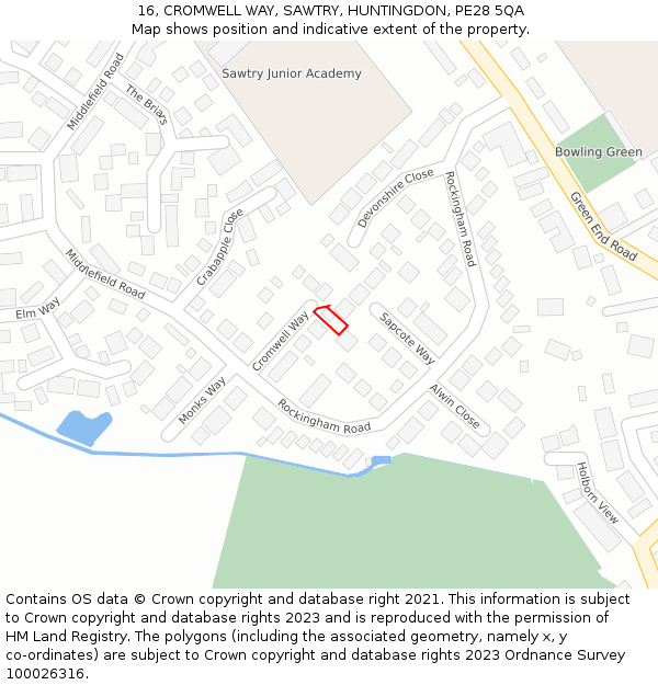 16, CROMWELL WAY, SAWTRY, HUNTINGDON, PE28 5QA: Location map and indicative extent of plot