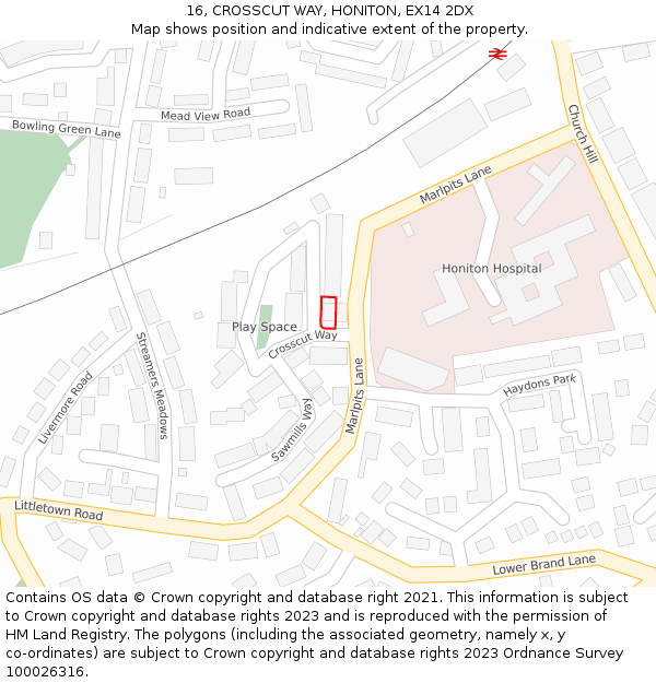 16, CROSSCUT WAY, HONITON, EX14 2DX: Location map and indicative extent of plot