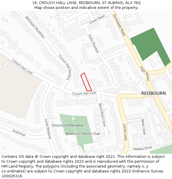 16, CROUCH HALL LANE, REDBOURN, ST ALBANS, AL3 7EQ: Location map and indicative extent of plot