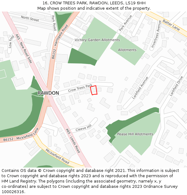 16, CROW TREES PARK, RAWDON, LEEDS, LS19 6HH: Location map and indicative extent of plot