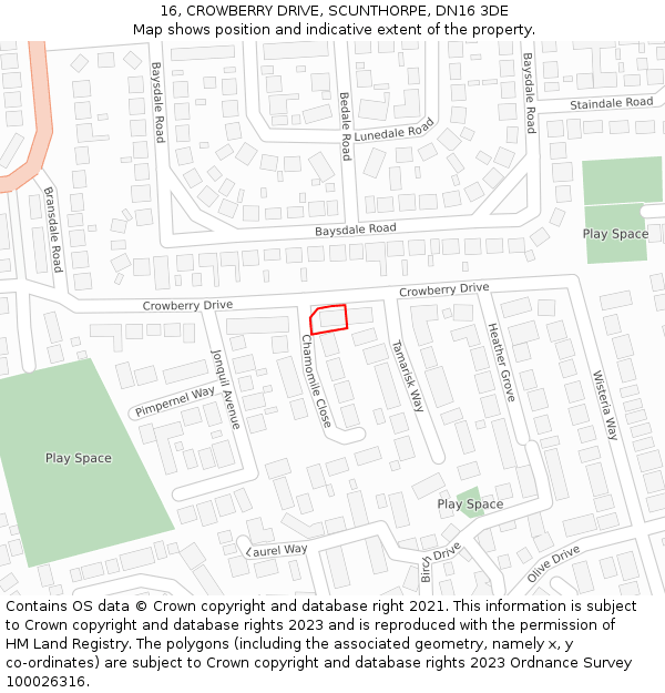 16, CROWBERRY DRIVE, SCUNTHORPE, DN16 3DE: Location map and indicative extent of plot