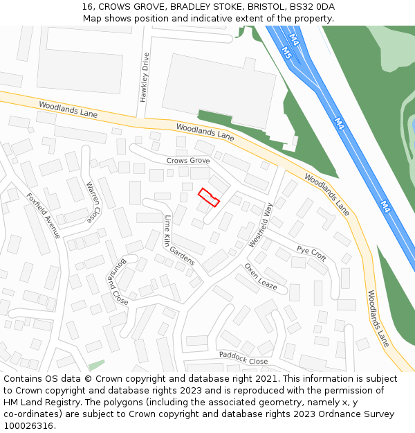16, CROWS GROVE, BRADLEY STOKE, BRISTOL, BS32 0DA: Location map and indicative extent of plot