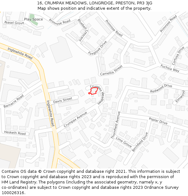 16, CRUMPAX MEADOWS, LONGRIDGE, PRESTON, PR3 3JG: Location map and indicative extent of plot