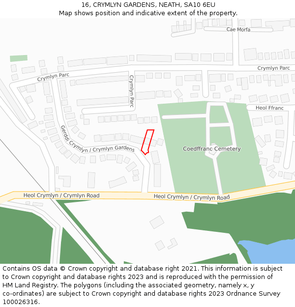 16, CRYMLYN GARDENS, NEATH, SA10 6EU: Location map and indicative extent of plot
