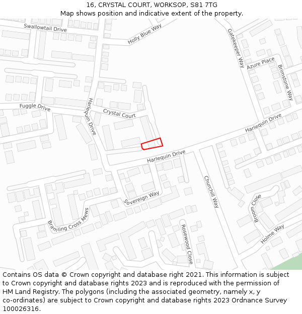 16, CRYSTAL COURT, WORKSOP, S81 7TG: Location map and indicative extent of plot
