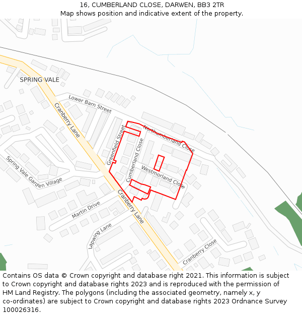 16, CUMBERLAND CLOSE, DARWEN, BB3 2TR: Location map and indicative extent of plot