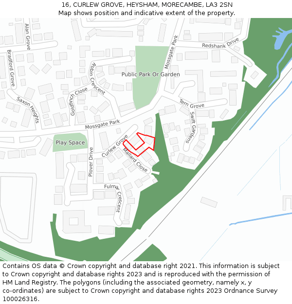 16, CURLEW GROVE, HEYSHAM, MORECAMBE, LA3 2SN: Location map and indicative extent of plot