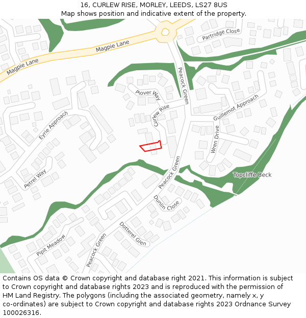 16, CURLEW RISE, MORLEY, LEEDS, LS27 8US: Location map and indicative extent of plot