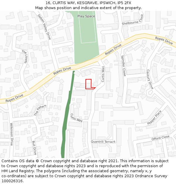 16, CURTIS WAY, KESGRAVE, IPSWICH, IP5 2FX: Location map and indicative extent of plot