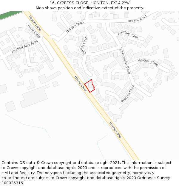 16, CYPRESS CLOSE, HONITON, EX14 2YW: Location map and indicative extent of plot