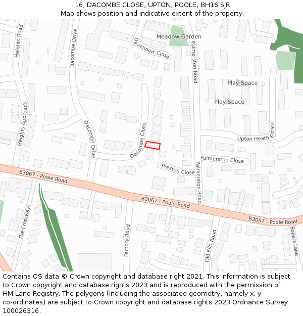 16, DACOMBE CLOSE, UPTON, POOLE, BH16 5JR: Location map and indicative extent of plot