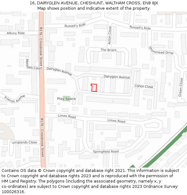 16, DAIRYGLEN AVENUE, CHESHUNT, WALTHAM CROSS, EN8 8JX: Location map and indicative extent of plot