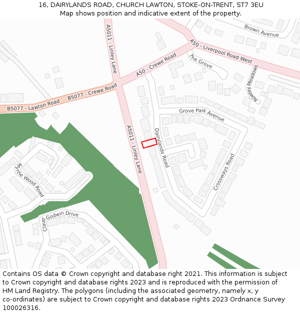 16, DAIRYLANDS ROAD, CHURCH LAWTON, STOKE-ON-TRENT, ST7 3EU: Location map and indicative extent of plot