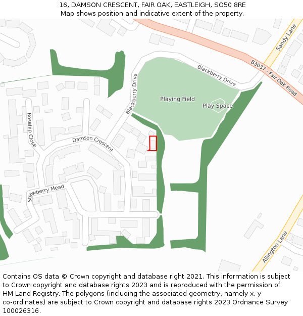 16, DAMSON CRESCENT, FAIR OAK, EASTLEIGH, SO50 8RE: Location map and indicative extent of plot