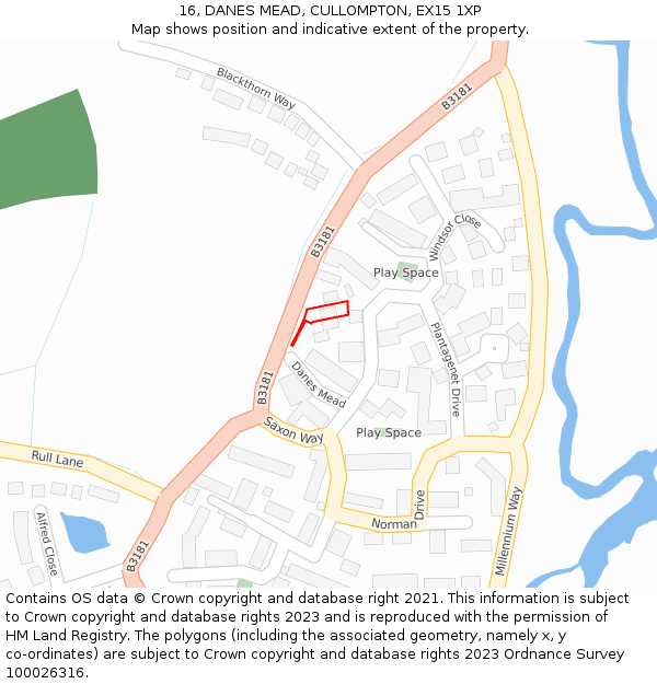 16, DANES MEAD, CULLOMPTON, EX15 1XP: Location map and indicative extent of plot