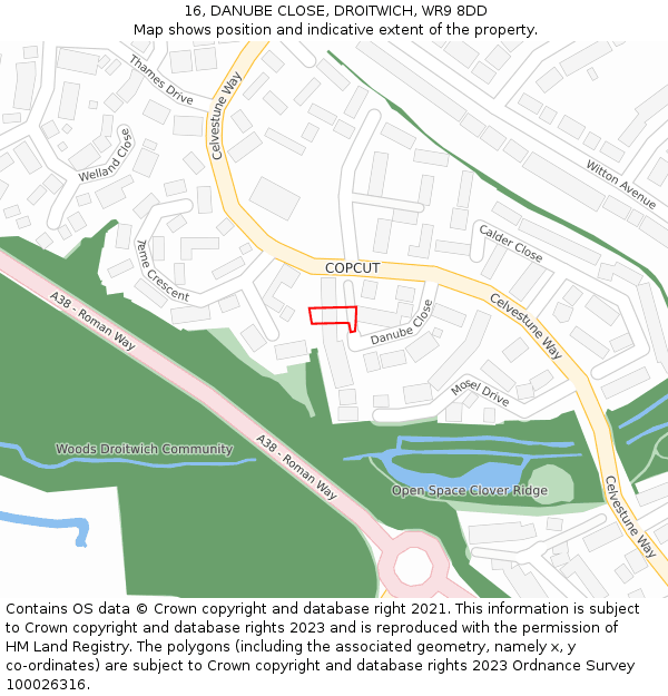 16, DANUBE CLOSE, DROITWICH, WR9 8DD: Location map and indicative extent of plot