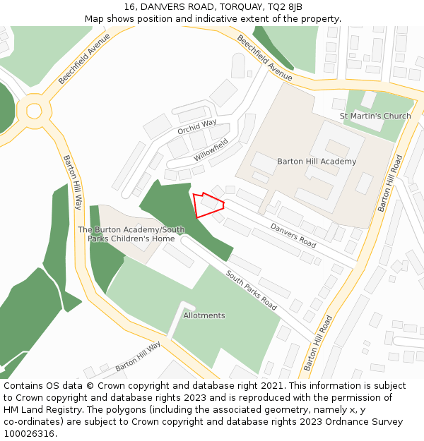 16, DANVERS ROAD, TORQUAY, TQ2 8JB: Location map and indicative extent of plot