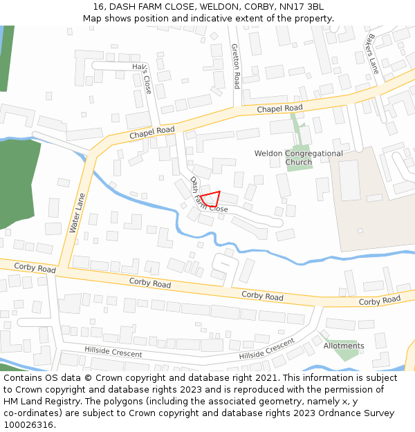 16, DASH FARM CLOSE, WELDON, CORBY, NN17 3BL: Location map and indicative extent of plot