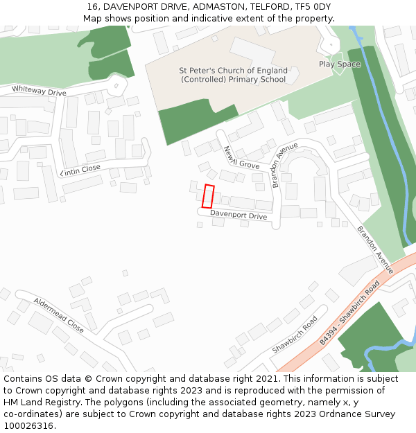 16, DAVENPORT DRIVE, ADMASTON, TELFORD, TF5 0DY: Location map and indicative extent of plot