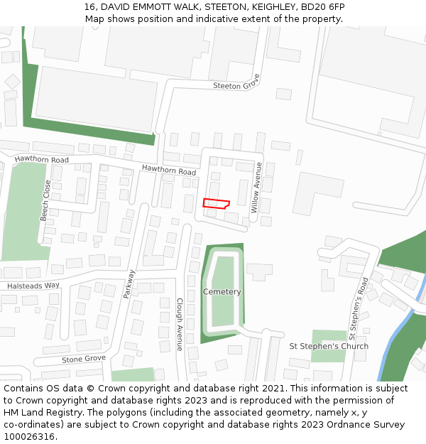 16, DAVID EMMOTT WALK, STEETON, KEIGHLEY, BD20 6FP: Location map and indicative extent of plot